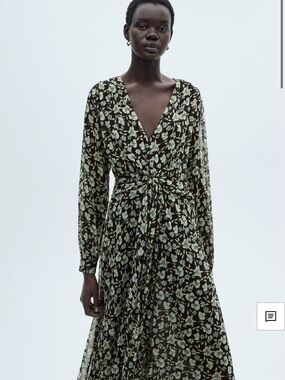 Mango Floral Tie-Waist V‑Neck Maxi Dress in Black and Mint